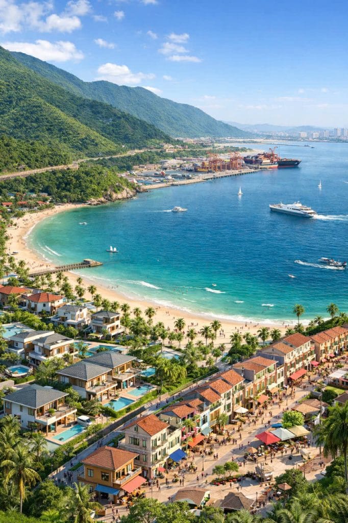 Toàn cảnh dự án Vinhomes Làng Vân Đà Nẵng nhìn từ trên cao, vị trí chân đèo Hải Vân, khu đô thị biển Tây Bắc Đà Nẵng