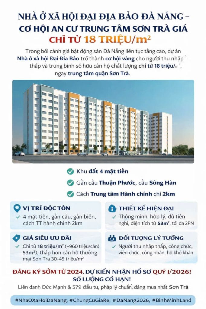 Nhà ở xã hội Đại Địa Bảo Đà Nẵng – Chung cư giá rẻ quận Sơn Trà, vị trí 4 mặt tiền, gần cầu Thuận Phước